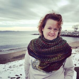 the Oceangazer Brioche Shawl knit in sock yarn