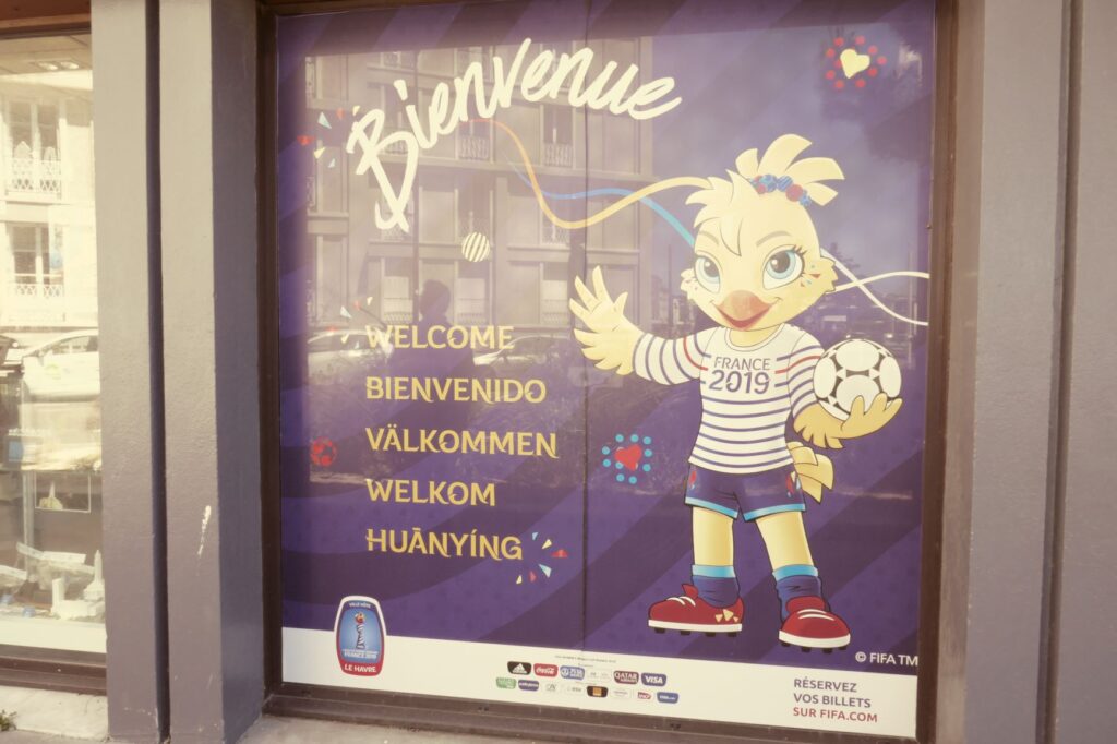 Mascot Lettie at the Info Center, Le Havre, June 21, 2019