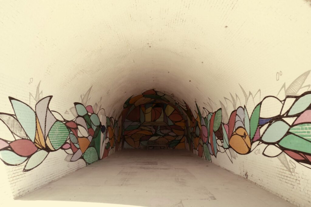 Art in an unused passageway, Les Jardins Suspendus, Le Havre, June 22, 2019