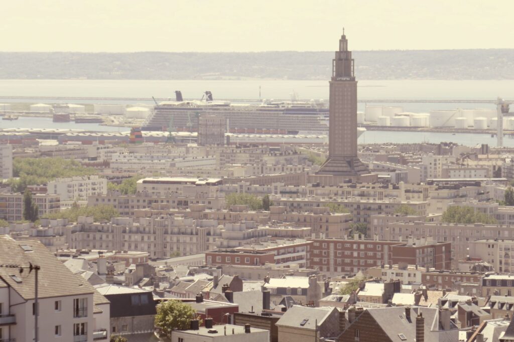 Cruise Ship and the Cathedral in Le Havre, June 22, 2019