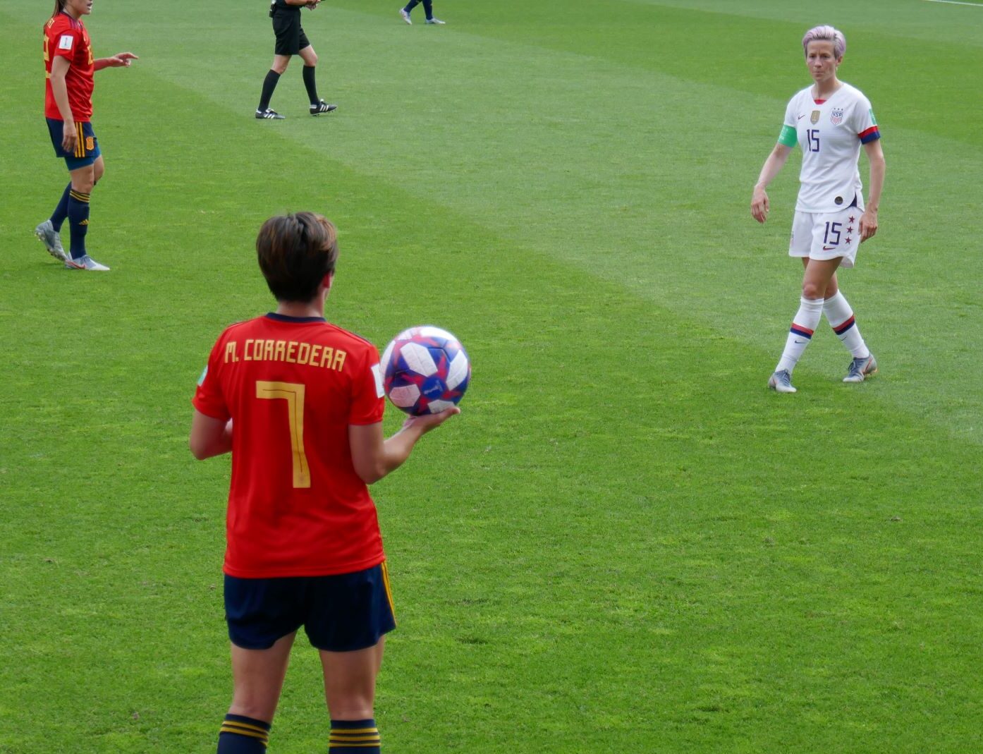 Rapinoe v Corredera, USWNT v Spain, Reims, France, June 24, 2019