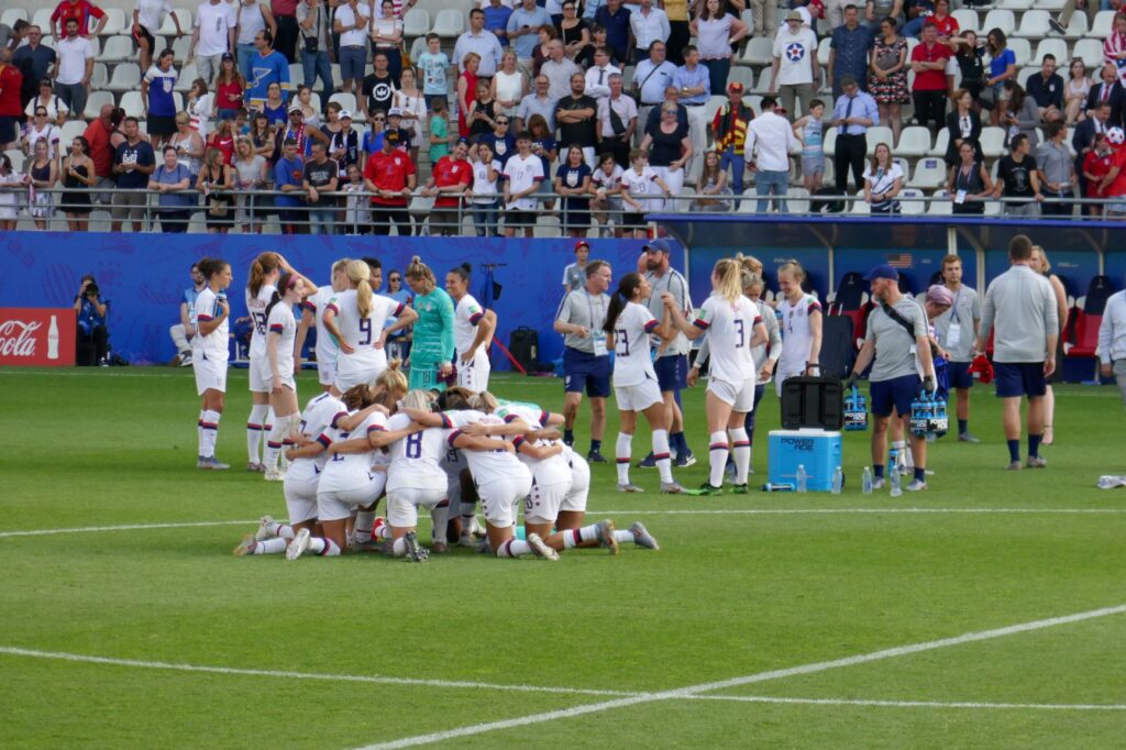 Huddle after the game, USWNT v Spain, Reims, France, June 24, 2019